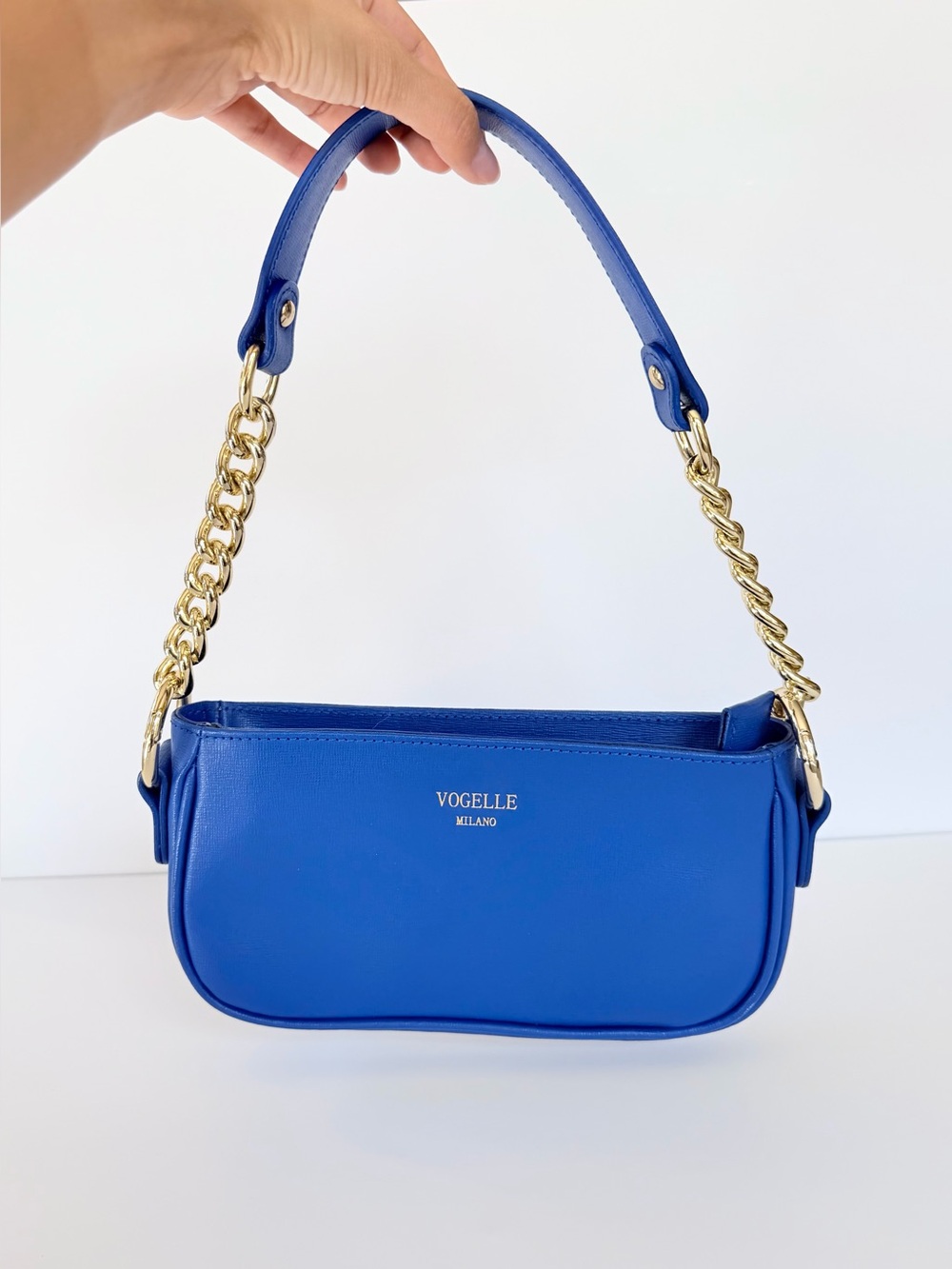 VOGELLE MILANO Cobalt Blue Genuine Leather Shoulder Bag 2-Strap Baguette